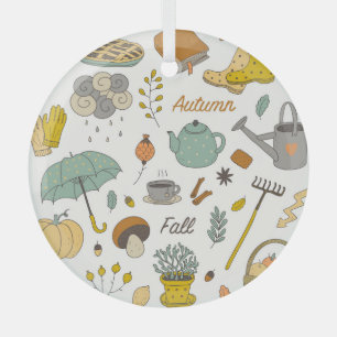 Hand Drawn Fall: Colourful Vintage Set Glass Ornament