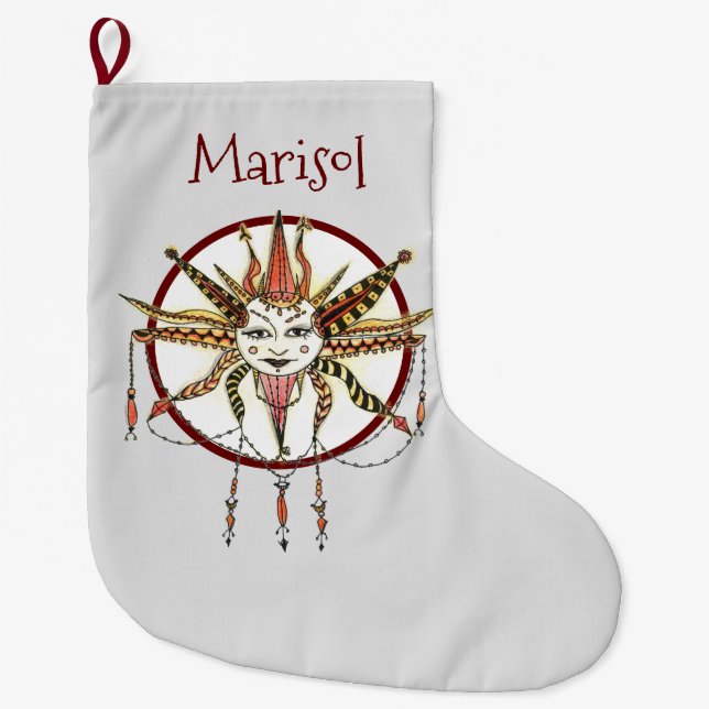 Hand Drawn Fancy Boho Sun Personalized Large Christmas Stocking (Front)