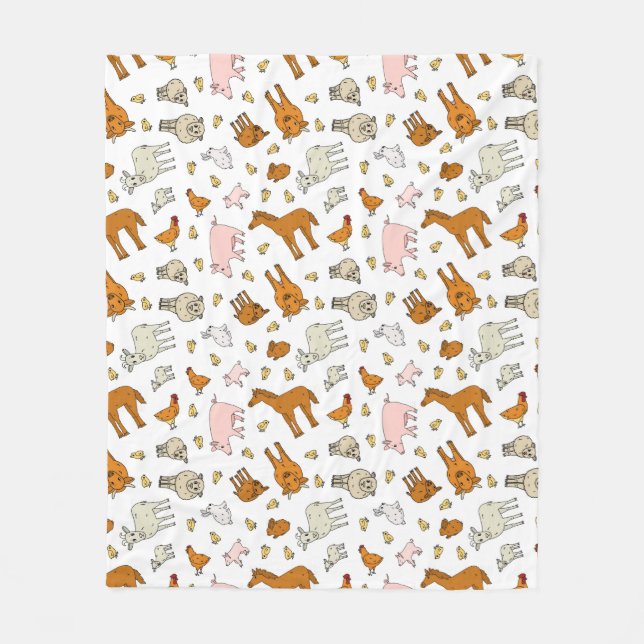 Hand Drawn Farm Animals Fleece Blanket (Front)