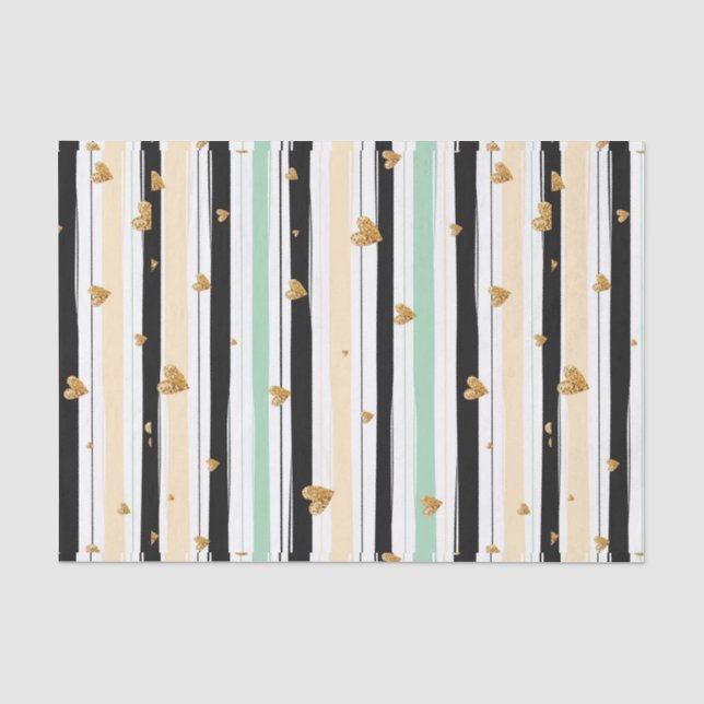 Hand drawn Faux Gold Hearts & Stripes Pattern Tissue Paper (Front)