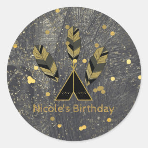 Hand Drawn Feather & Tepee Gold Black Boho Glam Classic Round Sticker