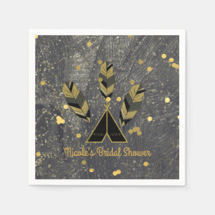 Hand Drawn Feather & Tepee Gold Black Boho Glam Napkin