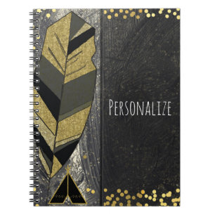 Hand Drawn Feather & Tepee Gold Black Boho Glam Notebook