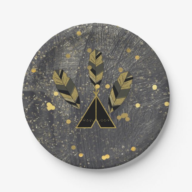 Hand Drawn Feather & Tepee Gold Black Boho Glam Paper Plate (Front)