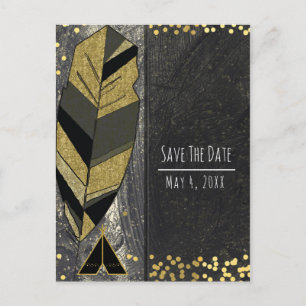 Hand Drawn Feather & Tepee Gold Black Save Date Announcement Postcard