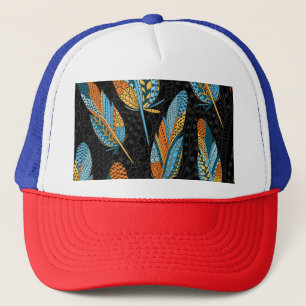 Hand-drawn feathers: colorful background. trucker hat