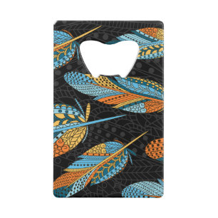 Hand-drawn feathers: colourful background. credit card bottle opener