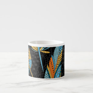 Hand-drawn feathers: colourful background. espresso cup