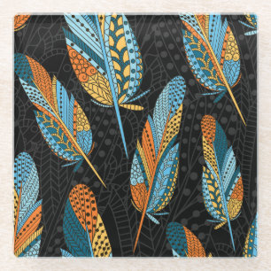 Hand-drawn feathers: colourful background. glass coaster