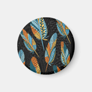 Hand-drawn feathers: colourful background. magnet