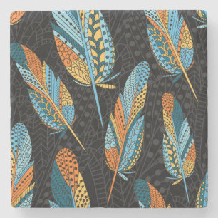 Hand-drawn feathers: colourful background. stone coaster