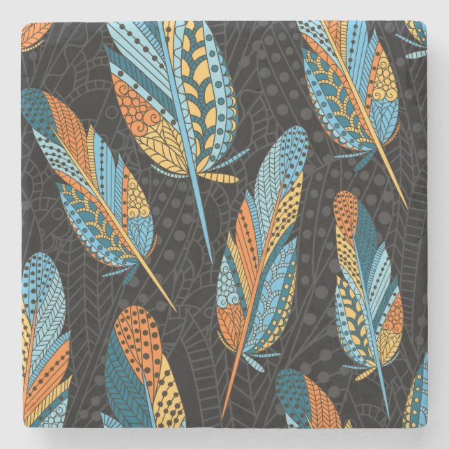Hand-drawn feathers: colourful background. stone coaster (Front)