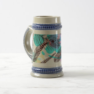Hand drawn feathers seamless pattern beer stein