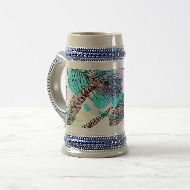 Hand drawn feathers seamless pattern beer stein (Front Left)