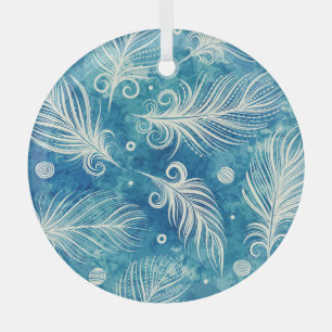 Hand Drawn Feathers: Seamless Pattern Glass Ornament