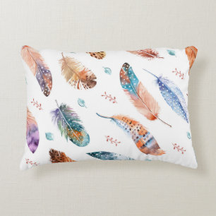 Hand Drawn Feathers: White Background Pattern Accent Pillow
