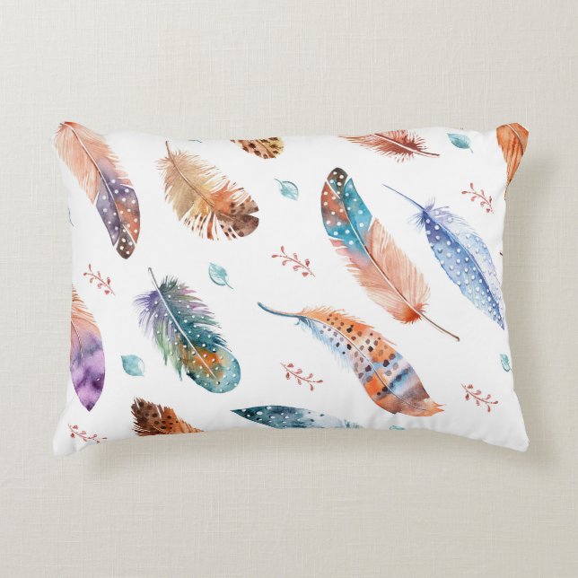Hand Drawn Feathers: White Background Pattern Accent Pillow (Front)