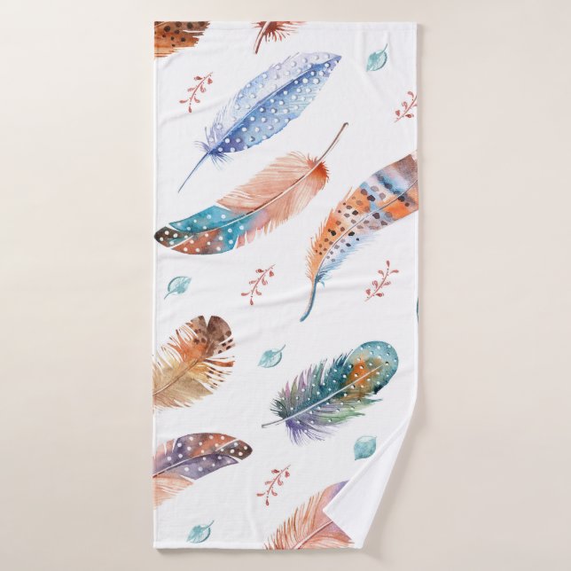 Hand Drawn Feathers: White Background Pattern Bath Towel (Bath Towel)