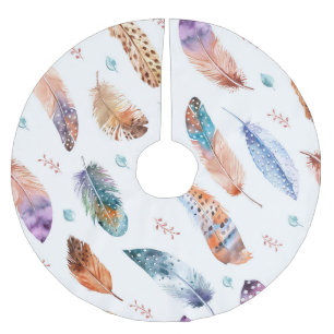 Hand Drawn Feathers: White Background Pattern Brushed Polyester Tree Skirt