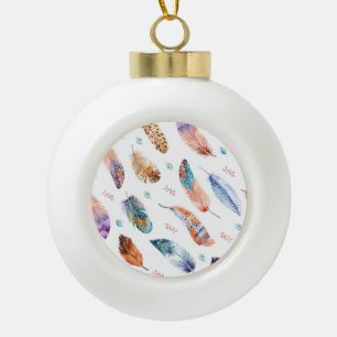 Hand Drawn Feathers: White Background Pattern Ceramic Ball Christmas Ornament