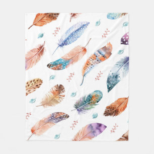 Hand Drawn Feathers: White Background Pattern Fleece Blanket