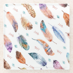 Hand Drawn Feathers: White Background Pattern Glass Coaster