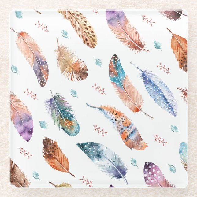 Hand Drawn Feathers: White Background Pattern Glass Coaster (Front)