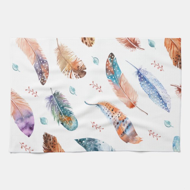 Hand Drawn Feathers: White Background Pattern Kitchen Towel (Horizontal)