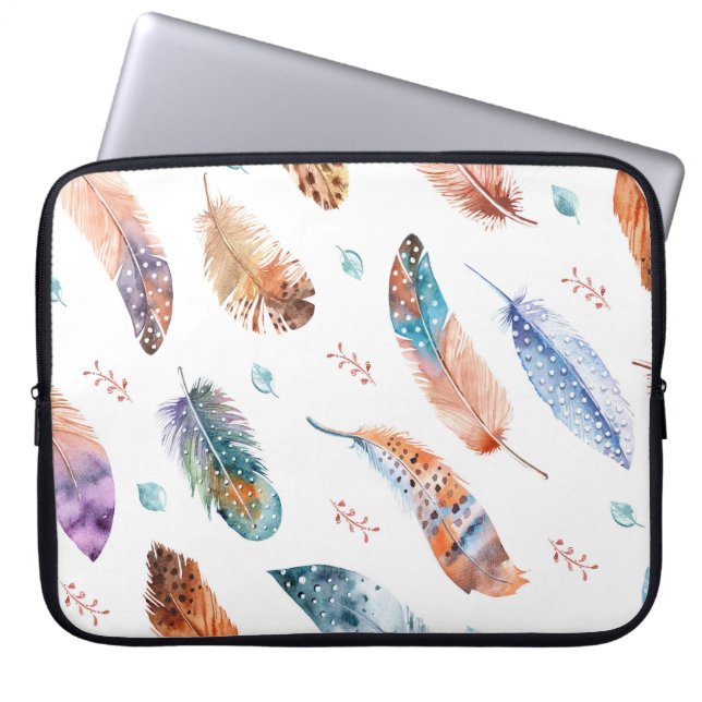 Hand Drawn Feathers: White Background Pattern Laptop Sleeve (Front)