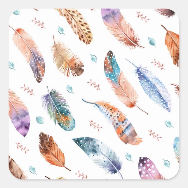 Hand Drawn Feathers: White Background Pattern Square Sticker (Front)