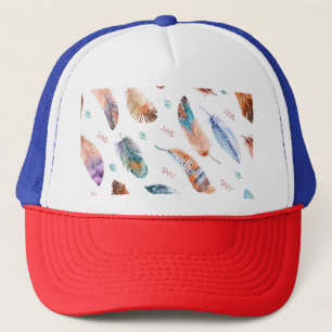Hand Drawn Feathers: White Background Pattern Trucker Hat