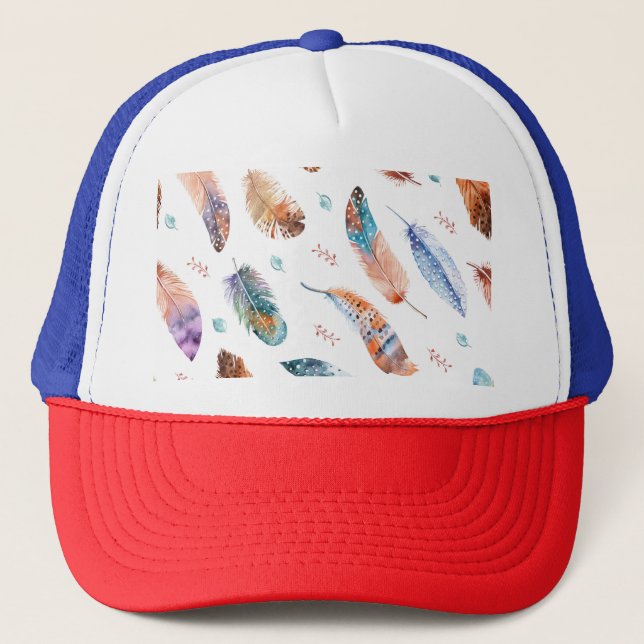 Hand Drawn Feathers: White Background Pattern Trucker Hat (Front)