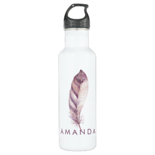 Hand drawn feminine pink purple watercolor feather 710 ml water bottle