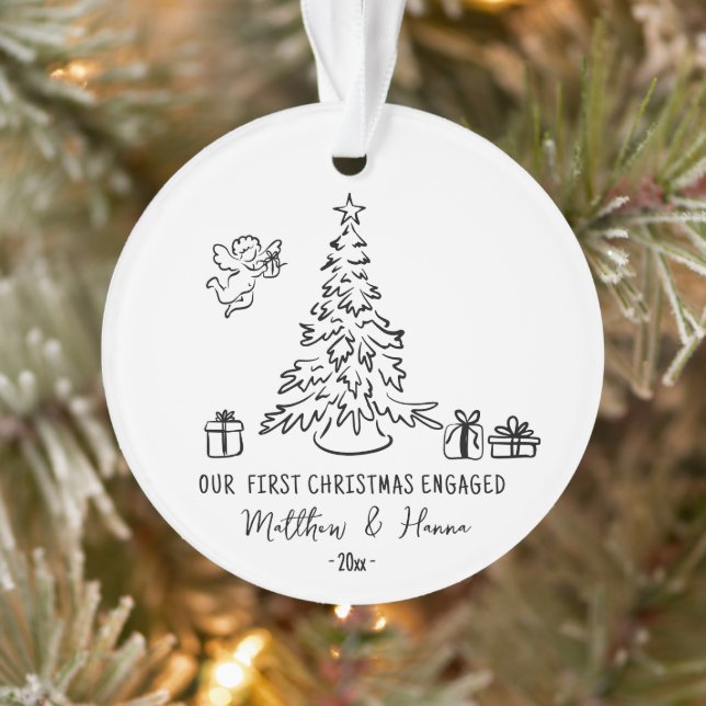 Hand drawn First Christmas engaged or married Ornament (Tree)