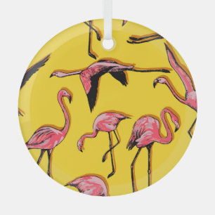 Hand-Drawn Flamingos Vintage Seamless Background Glass Ornament