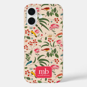 Hand Drawn Floral Birds Bees Botanical Monogram iPhone 16 Case