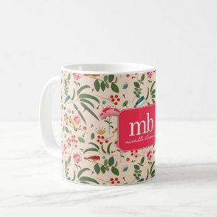 Hand Drawn Floral Birds Bees Botanical Monogram Coffee Mug