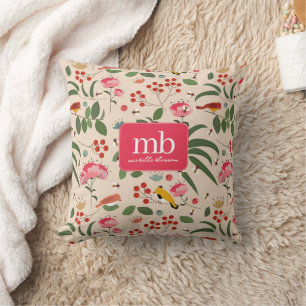 Hand Drawn Floral Birds Bees Botanical Monogram Throw Pillow