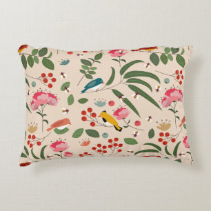 Hand Drawn Floral Birds Bees Botanical Pattern Accent Pillow