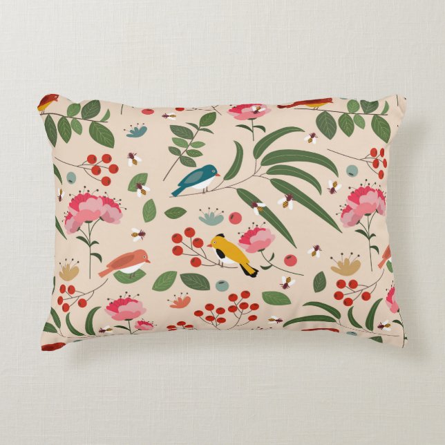 Hand Drawn Floral Birds Bees Botanical Pattern Accent Pillow (Front)