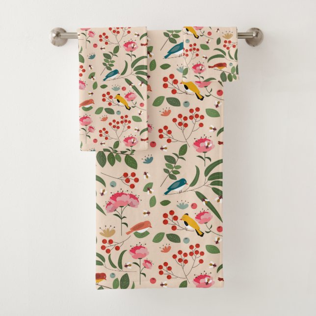 Hand Drawn Floral Birds Bees Botanical Pattern Bath Towel Set (Insitu)