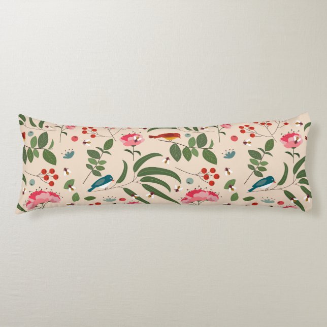 Hand Drawn Floral Birds Bees Botanical Pattern Body Pillow (Front)