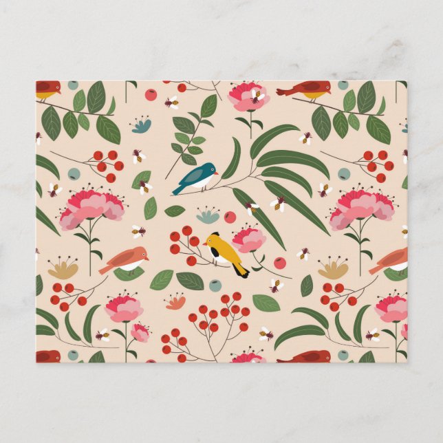 Hand Drawn Floral Birds Bees Botanical Pattern Holiday Postcard (Front)