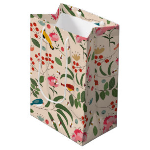 Hand Drawn Floral Birds Bees Botanical Pattern Medium Gift Bag