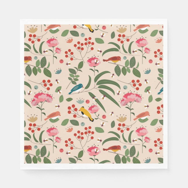 Hand Drawn Floral Birds Bees Botanical Pattern Napkin (Front)