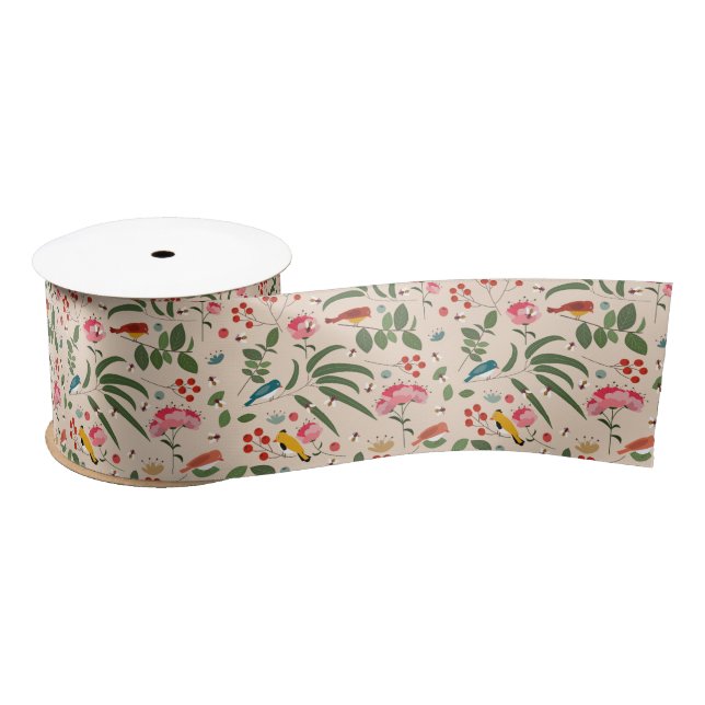 Hand Drawn Floral Birds Bees Botanical Pattern Satin Ribbon (Spool)