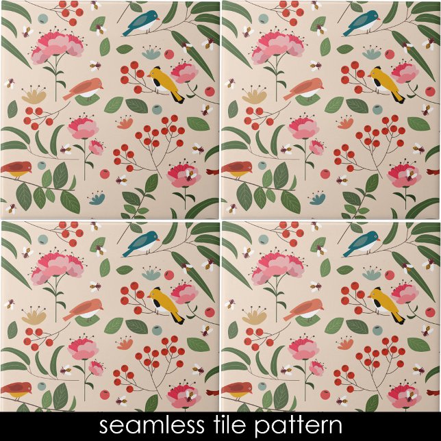 Hand Drawn Floral Birds Bees Botanical Pattern Tile (Hand Drawn Floral Birds Bees Botanical Pattern Ceramic Tile)
