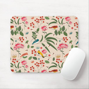 Hand Drawn Floral Birds Bees Pattern Mouse Pad