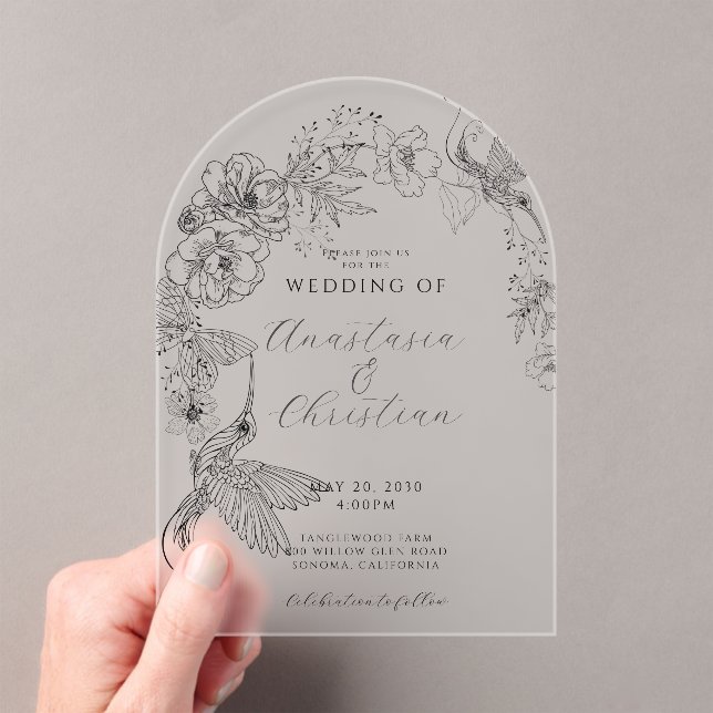 Hand Drawn Floral Birds Botanical Wedding Acrylic Invitations (Insitu (Handheld))