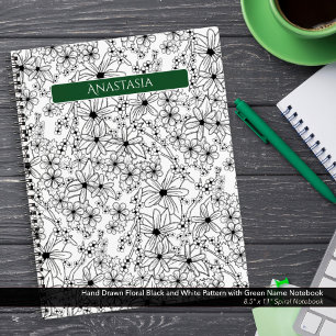 Hand Drawn Floral Black White Pattern & Green Name Notebook